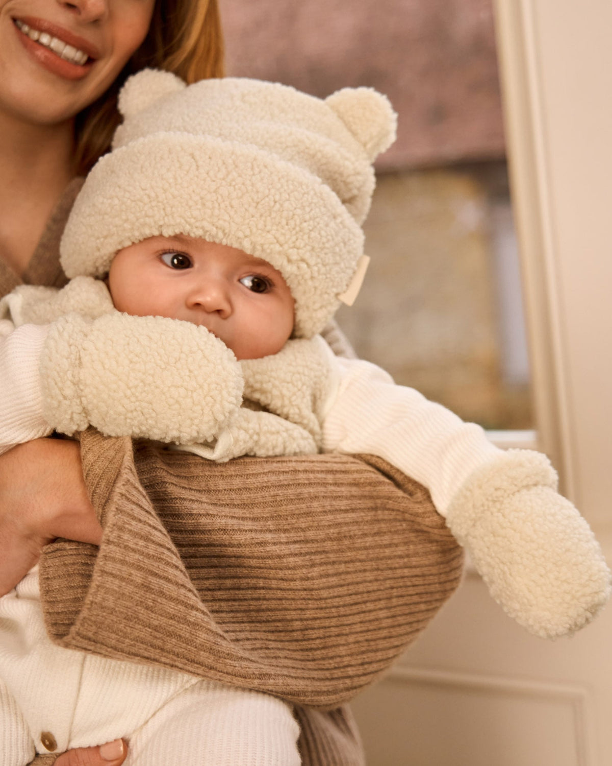 Borg Baby Hat and Mittens in Off White