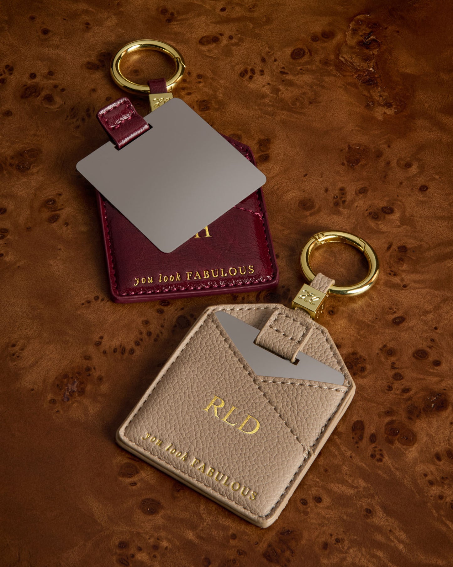 Boxed Mirror Keyring 'You Look Fabulous' in Light Taupe