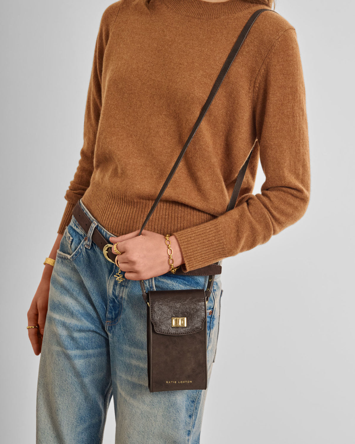 Orin Twist Lock Suedette Slim Bag in Bitter Chocolate