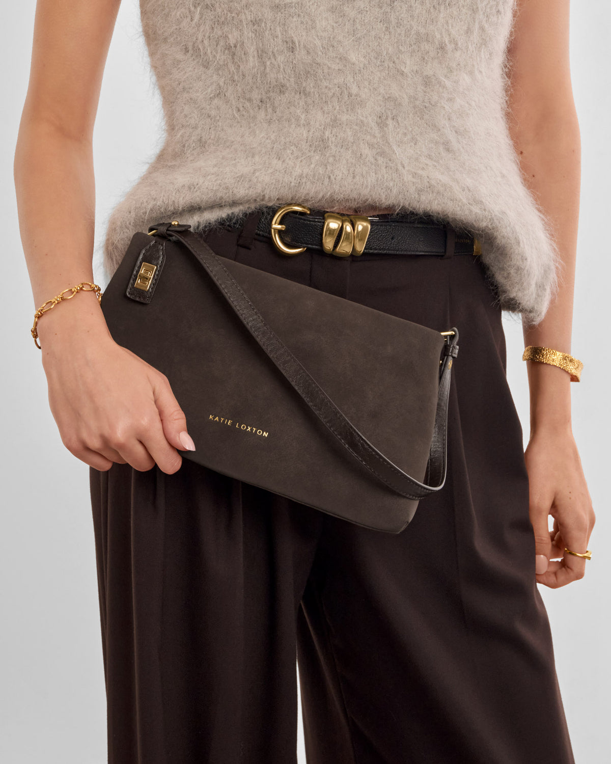 Orin Twist Lock Suedette Small Shoulder Bag in Bitter Chocolate