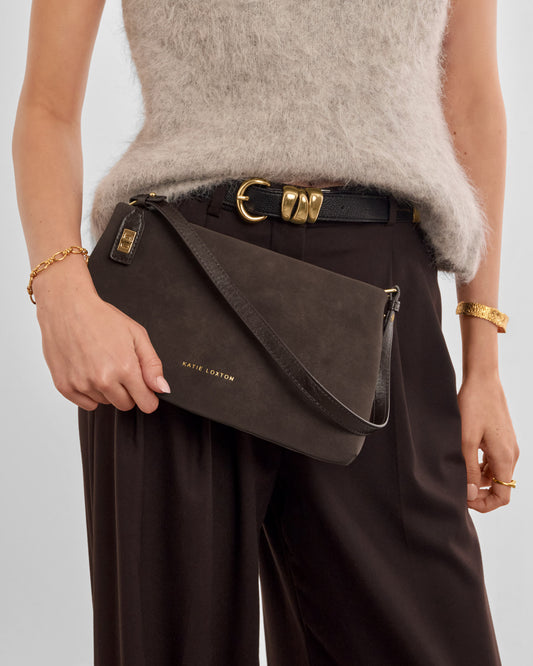 Orin Twist Lock Suedette Small Shoulder Bag in Bitter Chocolate