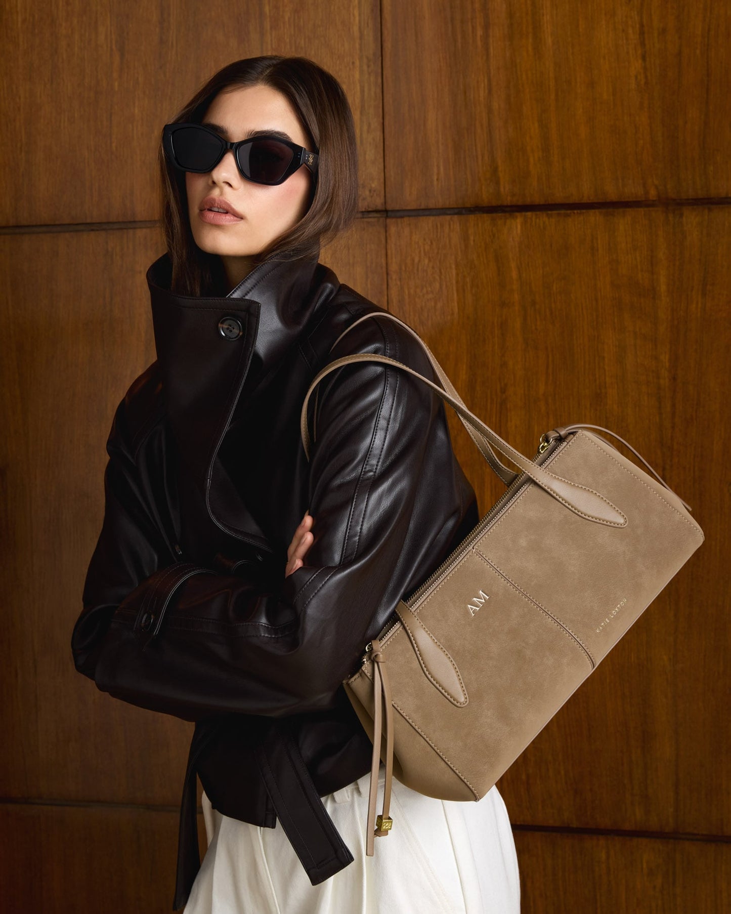 Hattie Suedette Shoulder Bag in Taupe