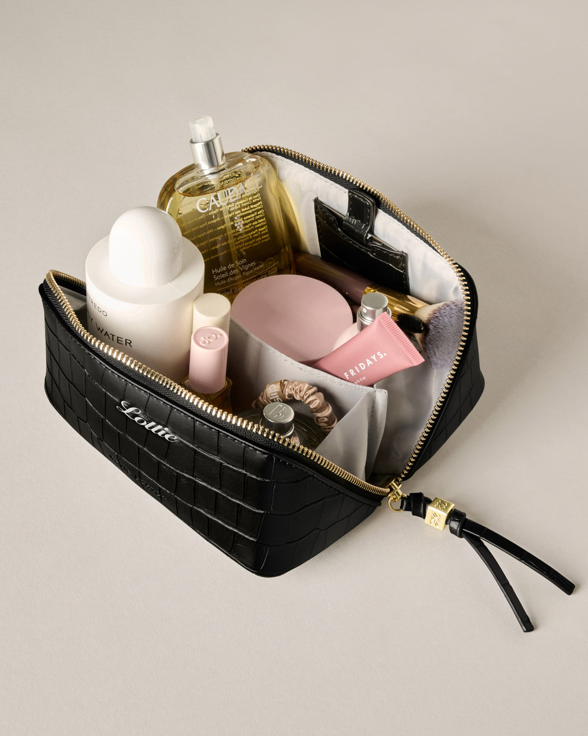 Fold-Out Mirror Makeup Bag in Black Faux Croc
