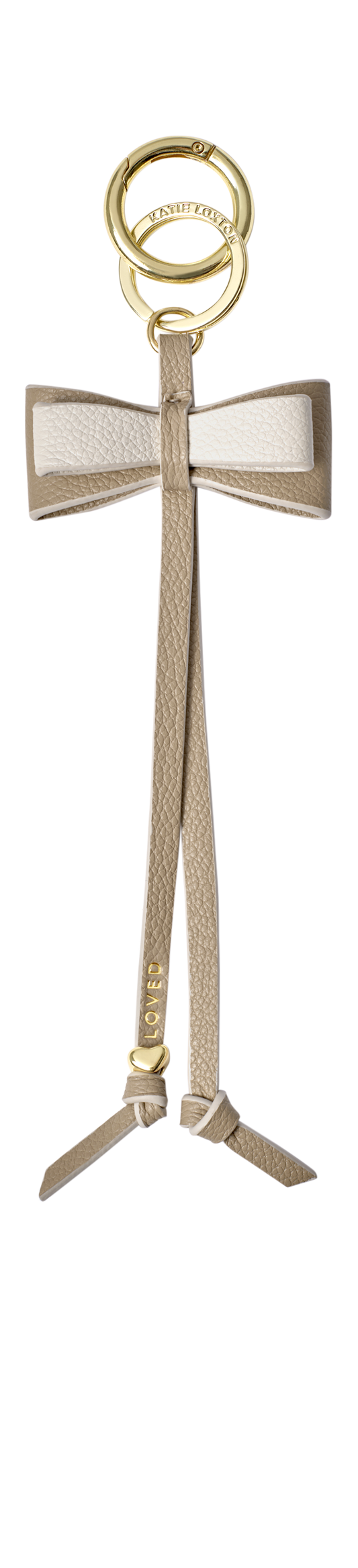 Bow Charm Keyring 'Loved' in Light Taupe and Off White