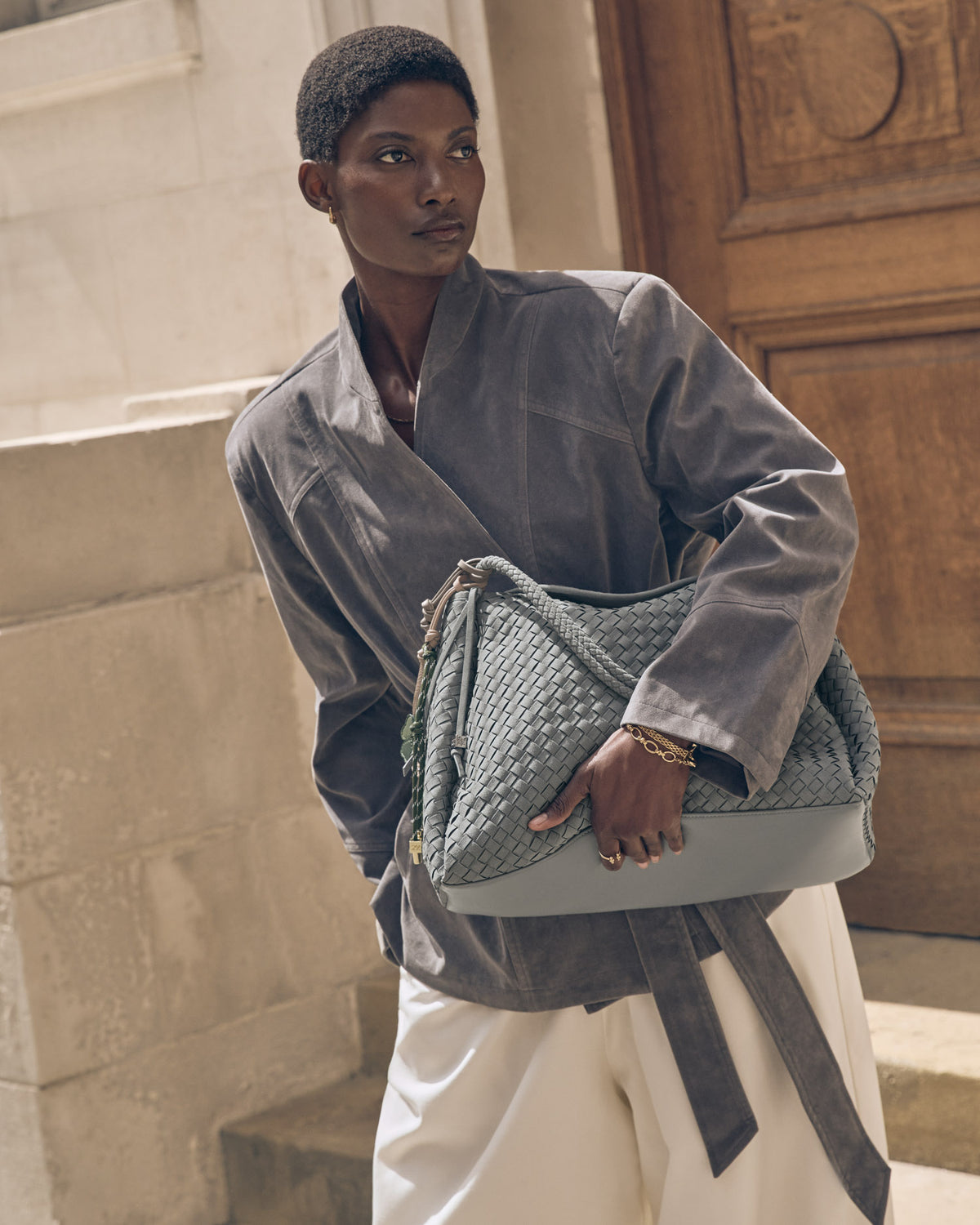 Nova Hand Woven Suedette Large Shoulder Bag in Fossil Grey