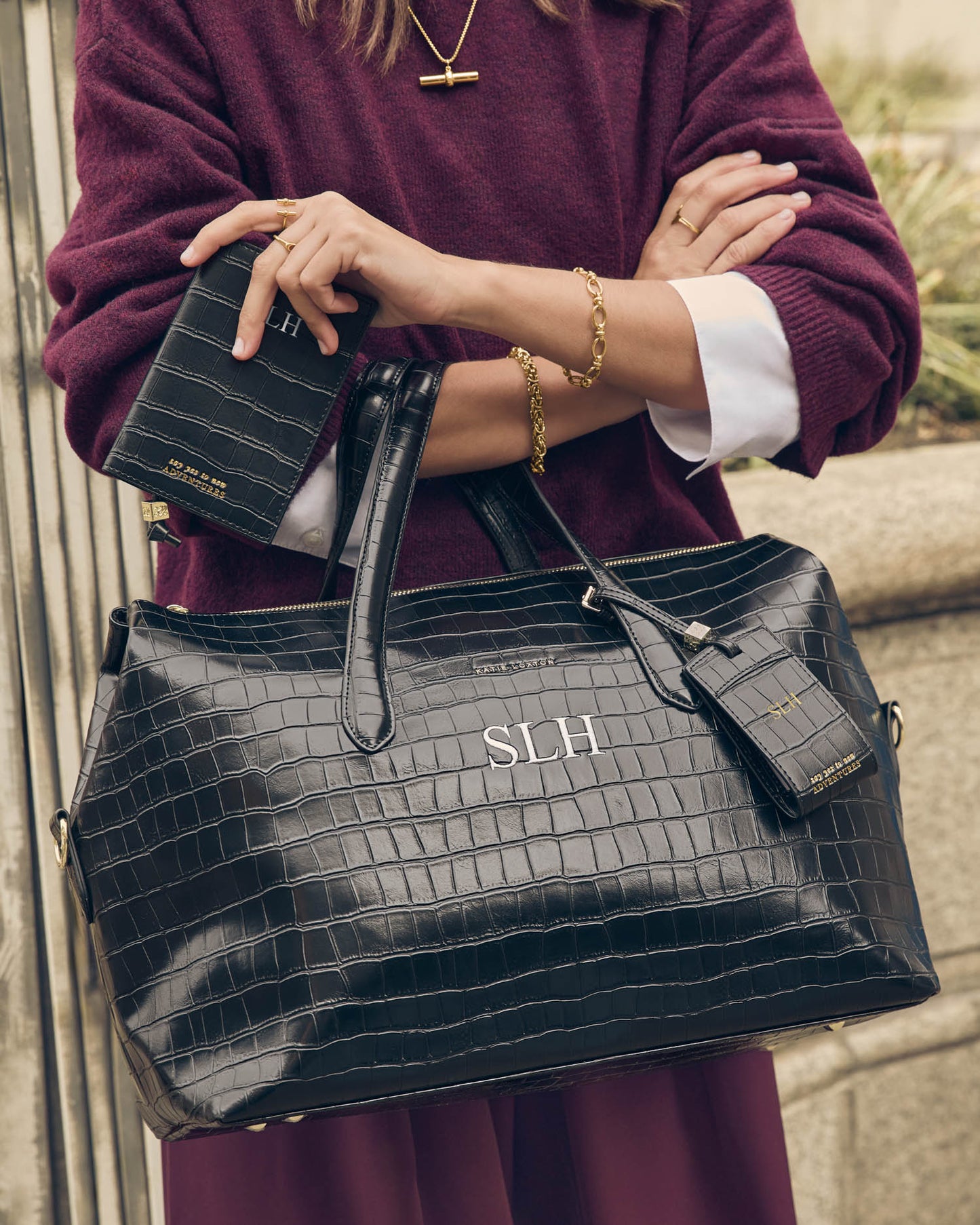 Milan Cabin Bag in Black Faux Croc