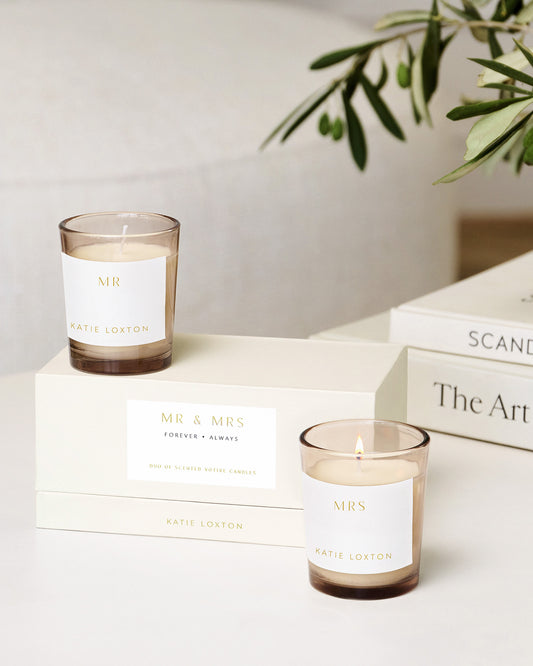 'Mr & Mrs' Duo Votive Set in Fresh Linen and White Lily