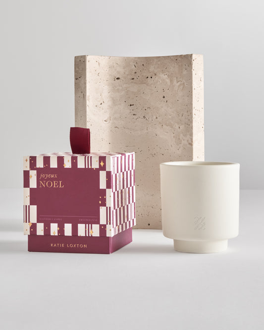 Ceramic Sentiment Candle 'Joyeux Noel' in Frosted Pine and Cedarwood