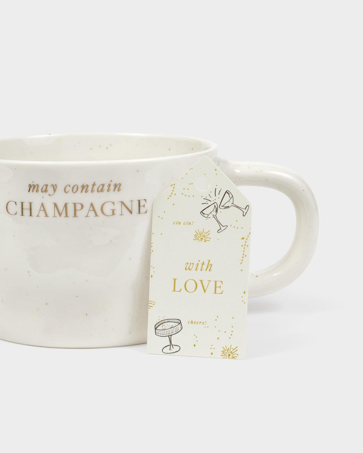 Organic Speckled Sentiment Mug with Tag 'May Contain Champagne'
