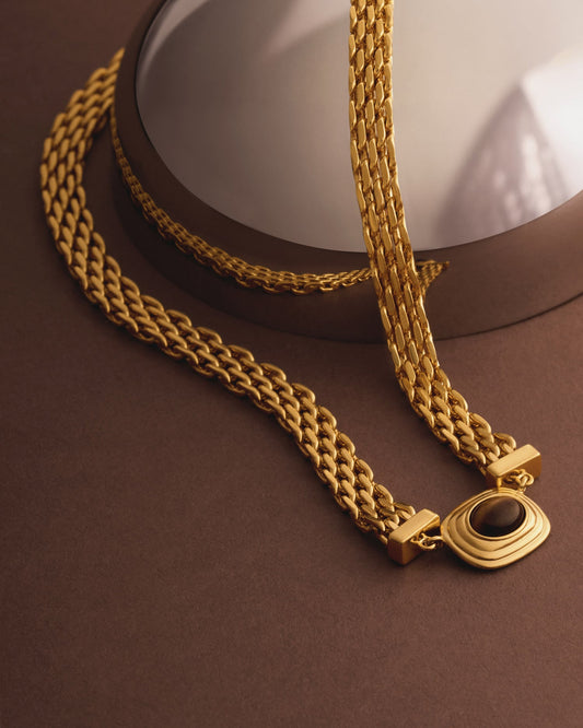 Tiger's Eye Waterproof Gold Button Necklace