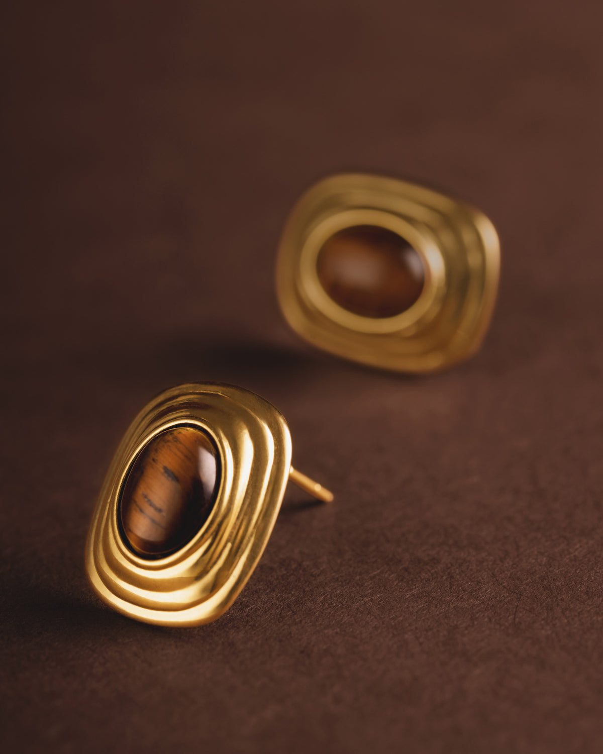 Tiger's Eye Waterproof Gold Button Stud Earrings
