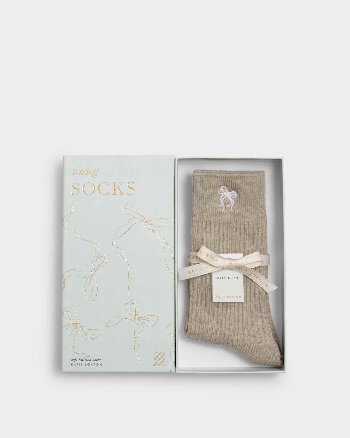 Gift Boxed Ribbed Bow Socks in Taupe