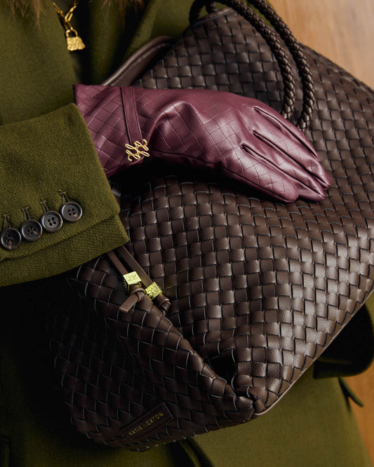 Boxed Woven Faux Leather Gloves in Cherry