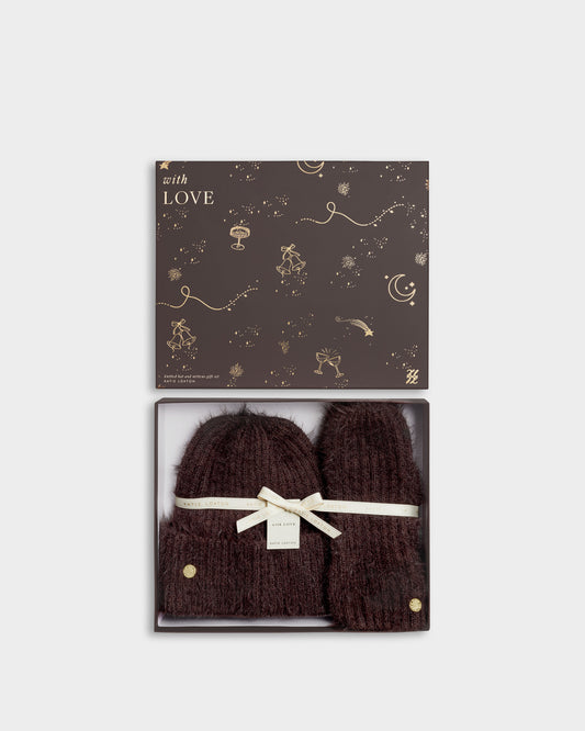 Gift Boxed Hat and Mittens Set in Chocolate