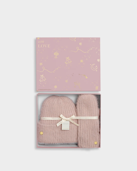 Gift Boxed Hat and Mittens Set in Blush Pink