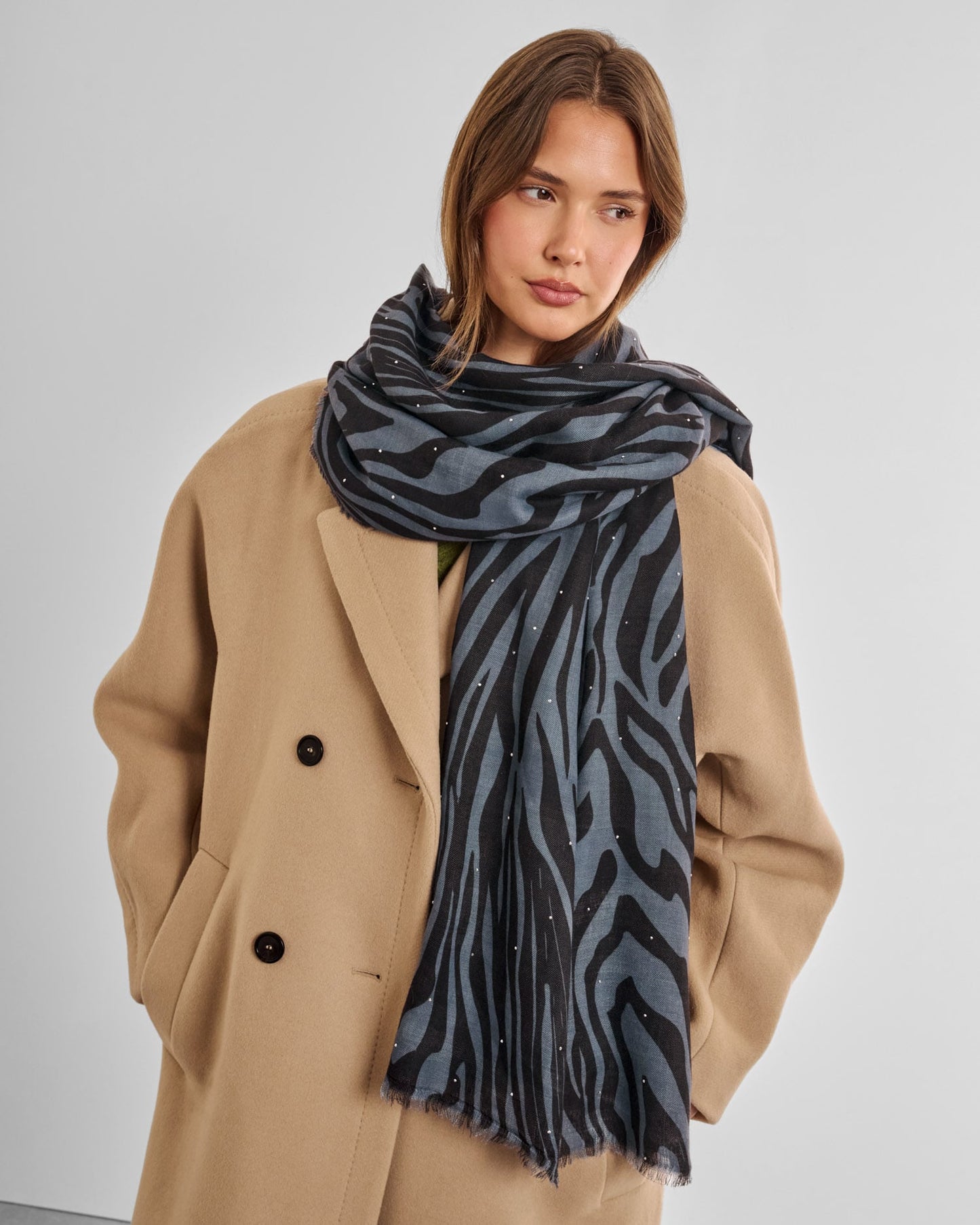 Zebra Stripe Printed Studded Scarf in Navy and Black