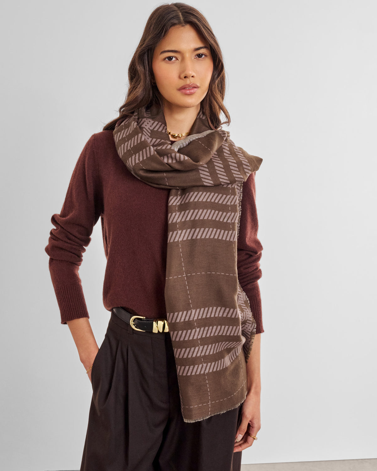 Check Printed Scarf in Dark Brown and Taupe