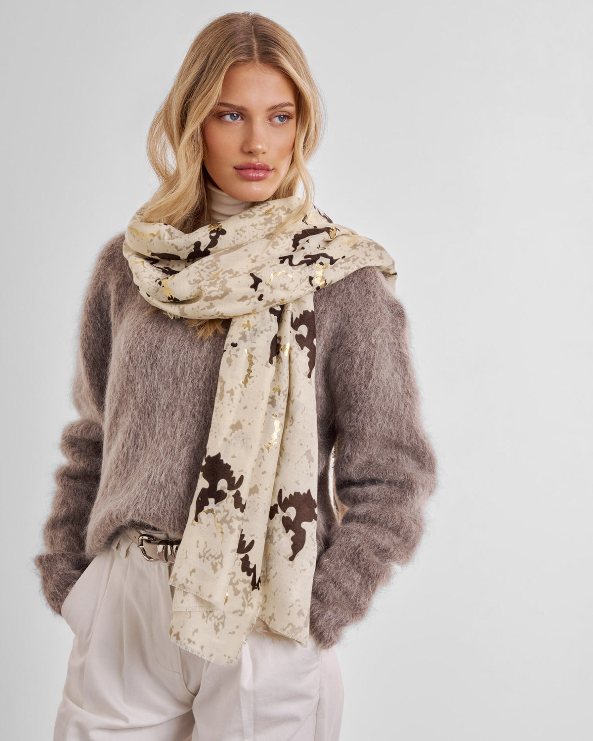 Snake Printed Foil Scarf in Sand and Gold