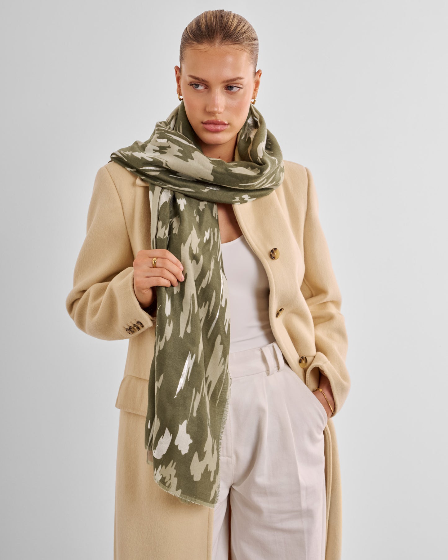 Animal Printed Foil Scarf in Olive and Silver
