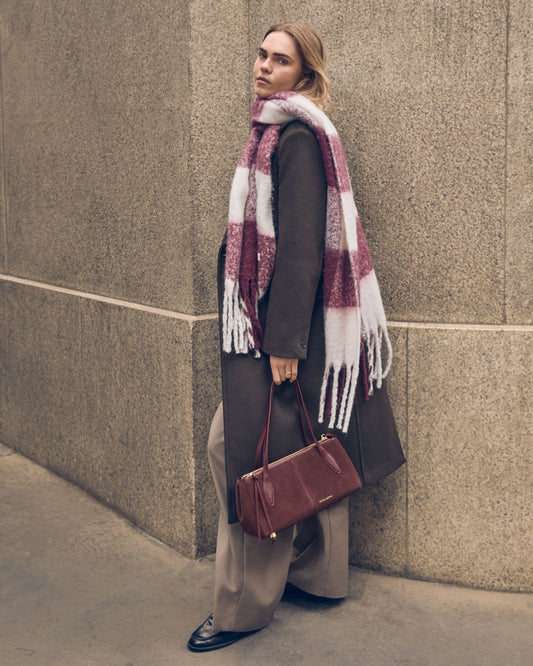 Recycled Checked Tassel Scarf in Cherry and Off White