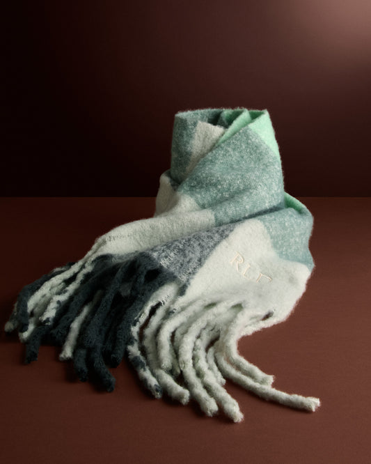 Recycled Checked Tassel Scarf in Green and Grey