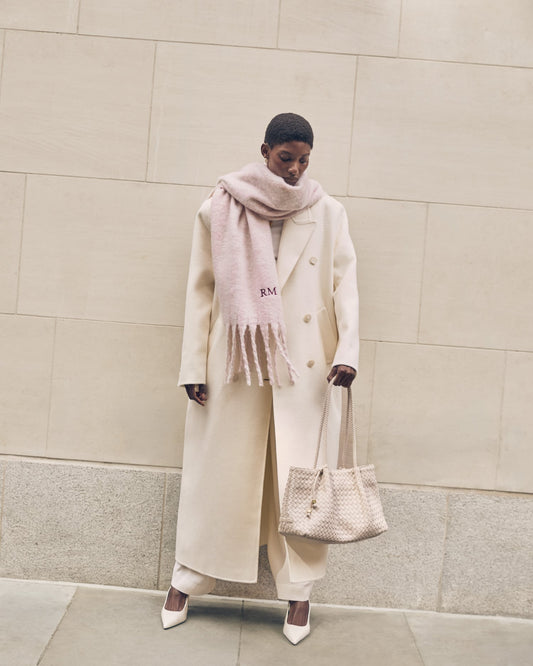 Recycled Plaid Tassel Scarf in Blush Pink and White
