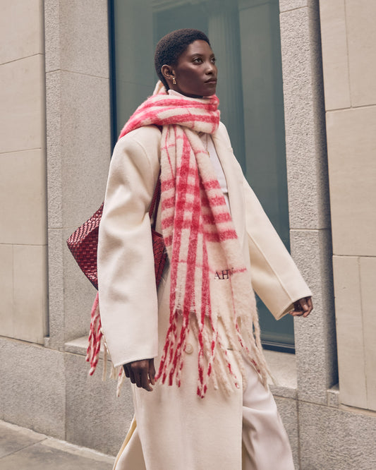 Recycled Plaid Tassel Scarf in Off White and Red