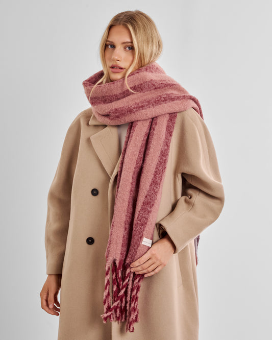 Recycled Striped Tassel Scarf in Pink and Cherry