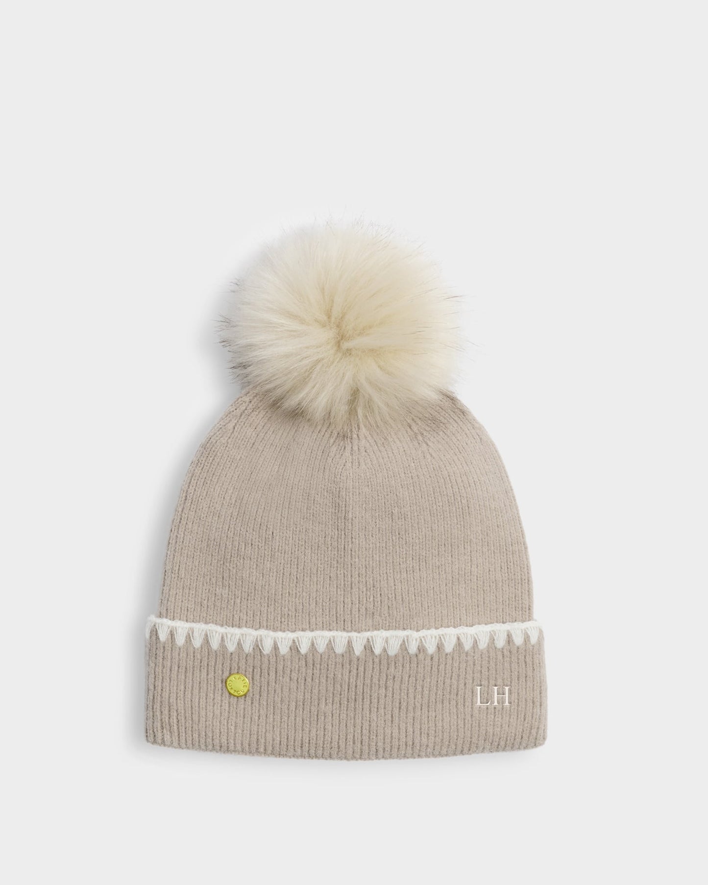 Whipstitch Pom Pom Knitted Hat in Taupe
